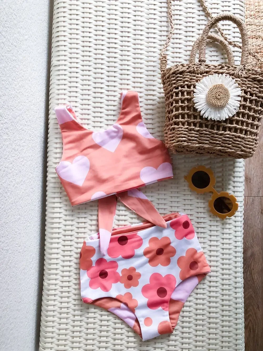 2pc Reversible Boho Floral + Heart Print Swimsuit Set 4T